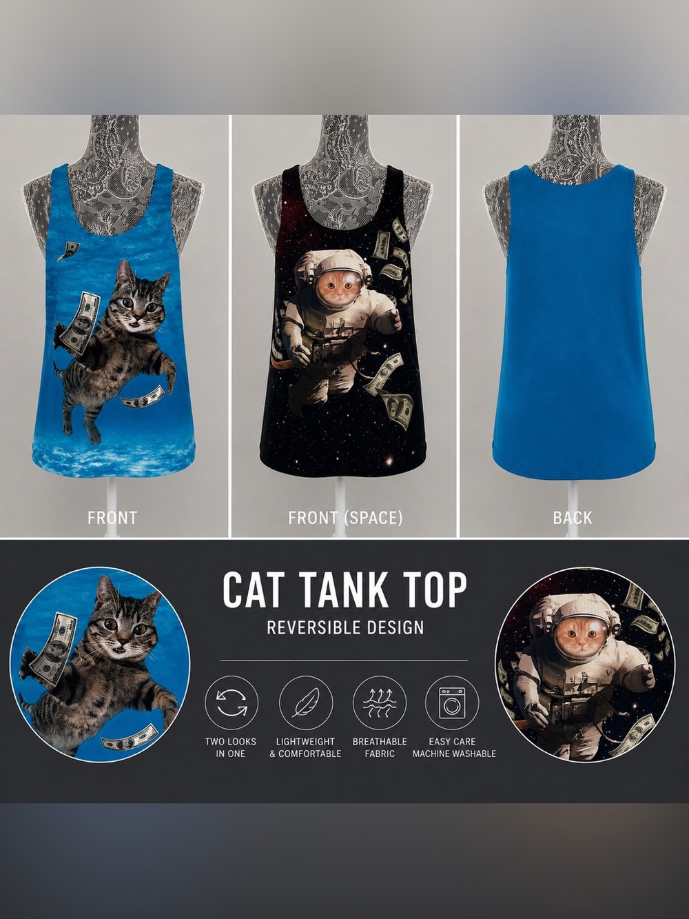 Cat Lovers Funny Cat Graphic Tank Top | Space & Money Print | Unisex Size Small